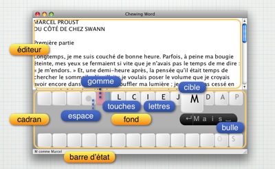 capture d'écran du logiciel Chewing Word avec des bulles indiquant les différentes parties